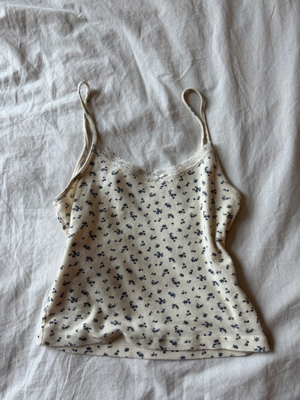 Brandy Melville Cream Cami with Navy Floral Print and Lace Trim
